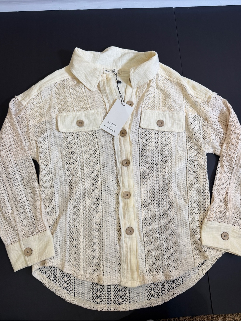 Stitch & Feather Cream Open-Knit Button-Front Long Sleeve Top